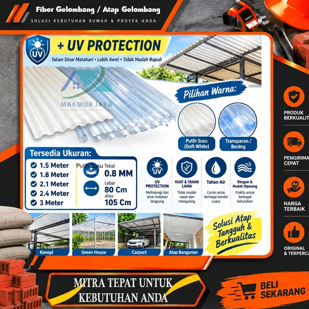 Fiber Gelombang 1.5 Mtr + 80 cm UV PROTECTION / Atap Transparant PVC / Atap Fiber Plastik