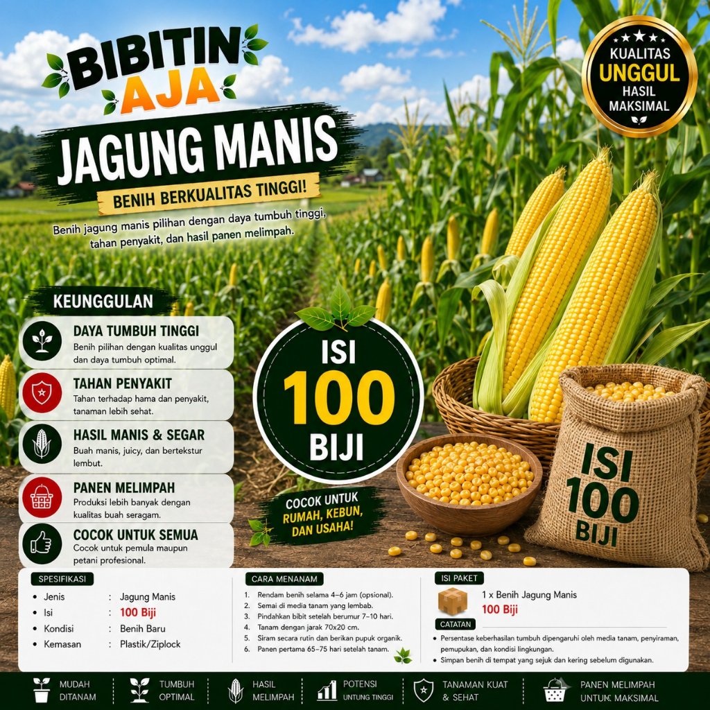 100 Biji Benih Jagung Manis Super, Cepat Panen, Hasil Melimpah Jagung Manis Besar, Manis & Berkualit