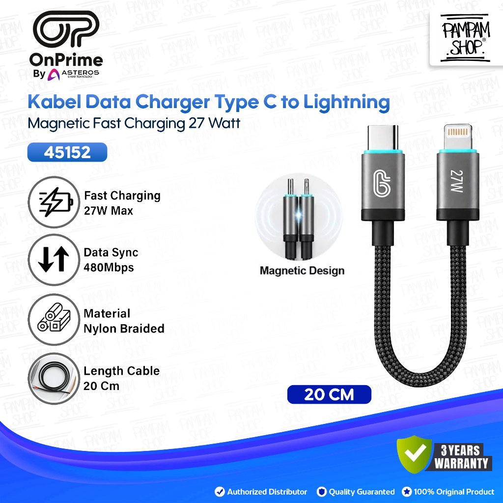 OnPrime 45152 Iron Series Kabel Data Type C to Lightning Magnetic Pendek 20CM 20W 27W 3A PD Black Hi