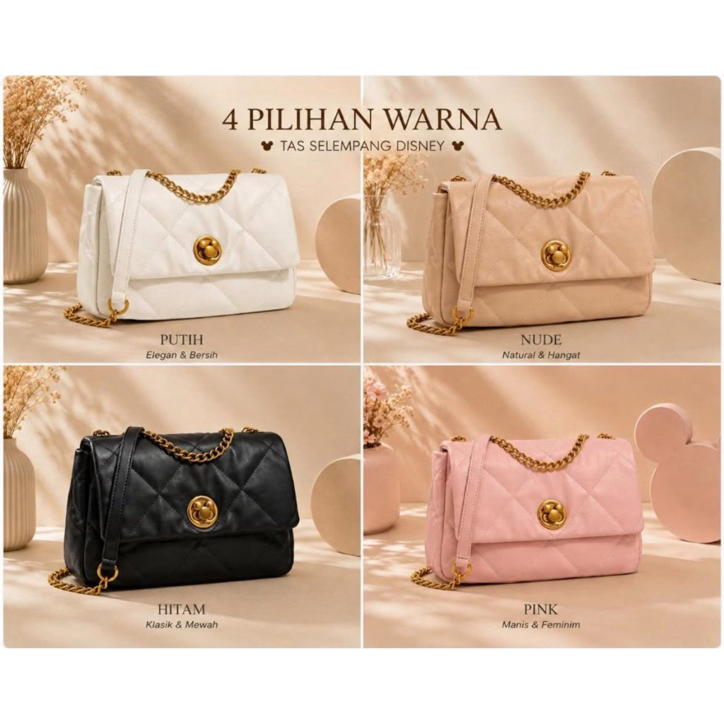 Tas Selempang Disney X Mickey Motif Polos dengan Tali Rantai Warna Hitam Pink Nude Putih