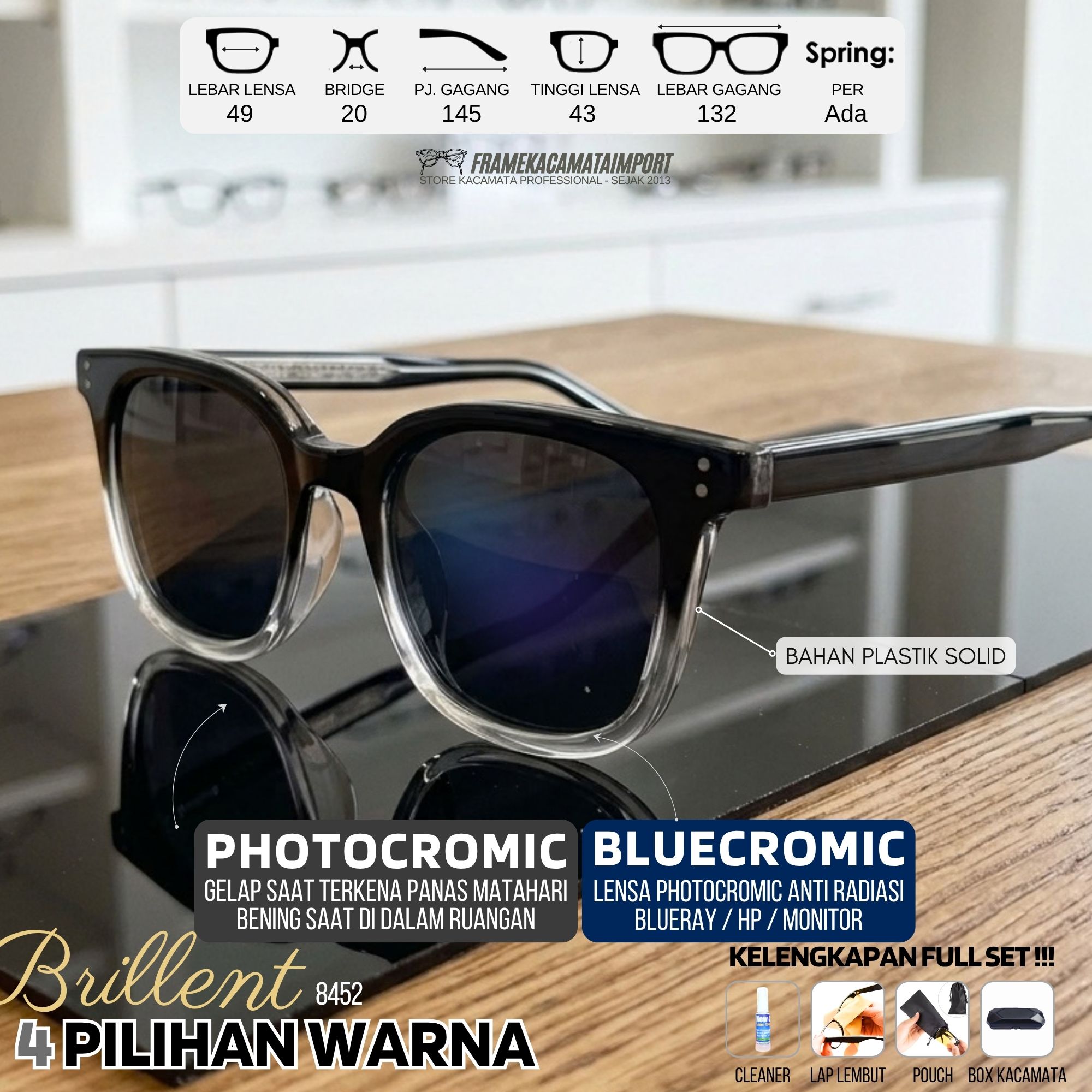 PAKET KACAMATA PHOTOCROMIC BLUECROMIC Pria Wanita Kacamata Oval Plastik -0.25 s/d -6.00 Silinder 2
