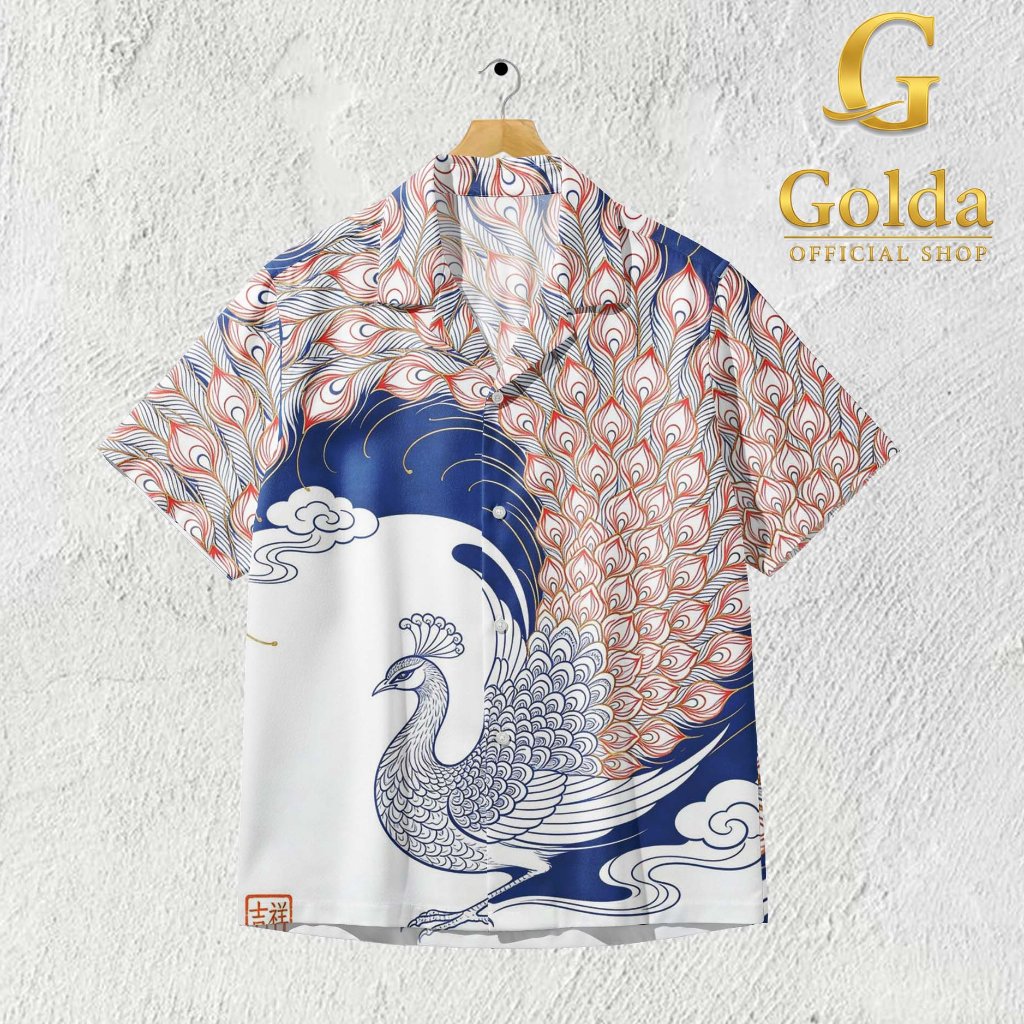 GOLDA Kemeja Motif Burung Merak Etnik Jepang Lukisan Putih Biru