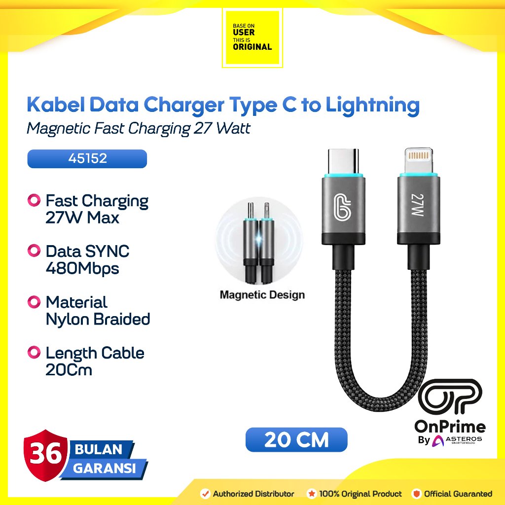 OnPrime 45152 Iron Series Kabel Data Type C to Lightning Magnetic Pendek 20CM 20W 27W 3A PD Black Hi