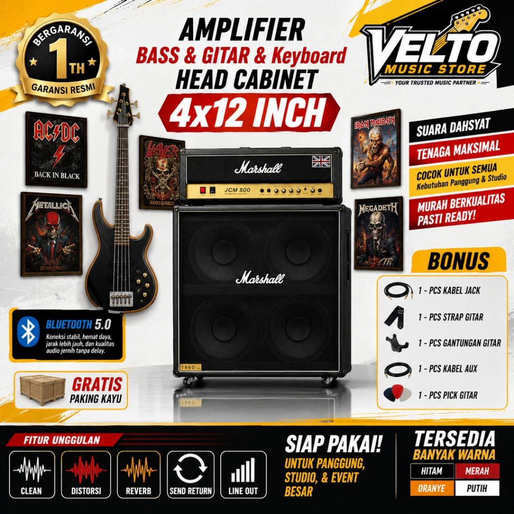 Ampli Bass & Gitar & Keyboard 4x12 Inch Bluetooth 5.0 bisa untuk karaoke 3 Input Marshall