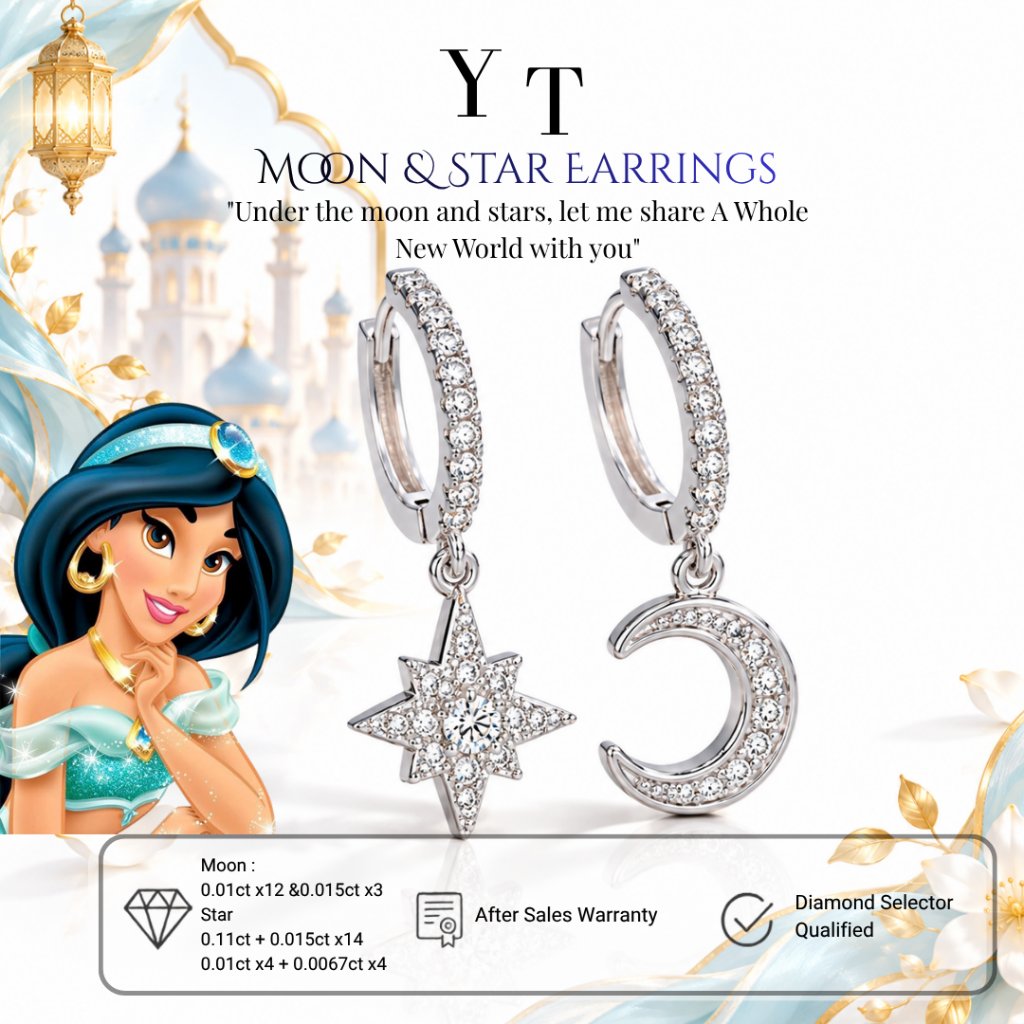 YT JEWELRY - Anting Moissanite Lapis Emas - Moon & Star Silver Moissanite Earrings
