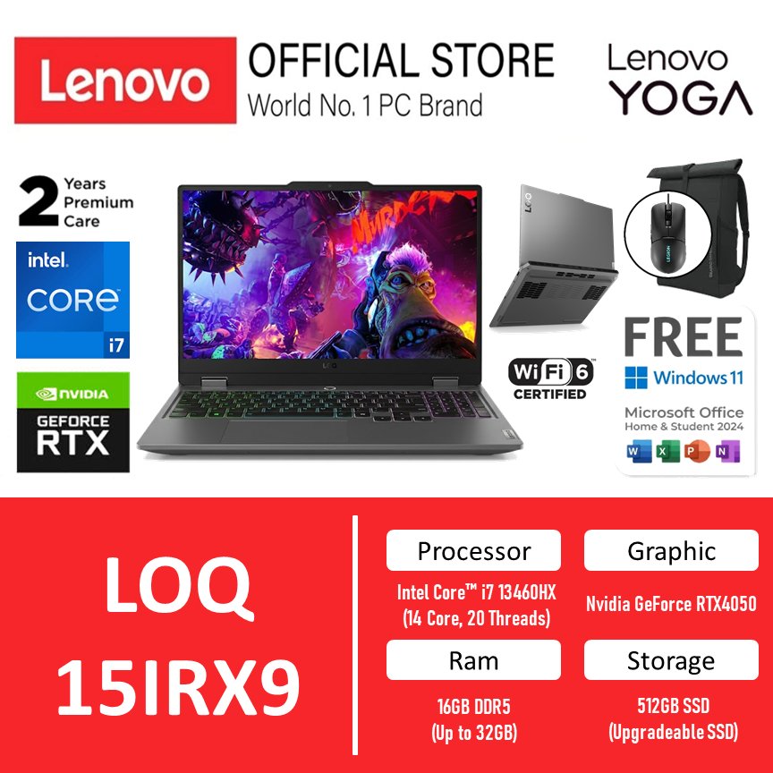 Lenovo LOQ 15IRX9 2026 Intel Core i7 13645HX RTX4050 6GB RAM 16GB 512GB SSD Windows 11 Home + Office