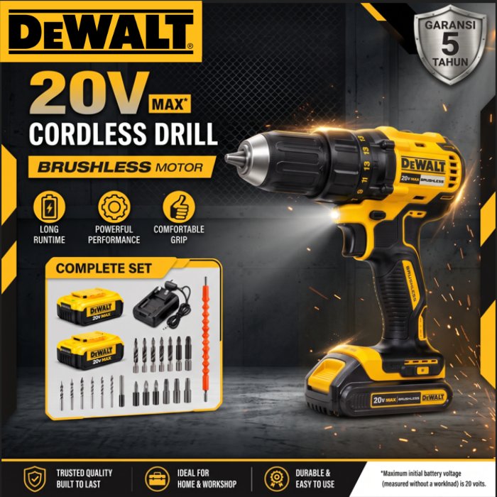 DeWalt Bor Baterai Cordless Drill Mesin Bor Listrik Set Lengkap 2 Battery Obeng Elektrik