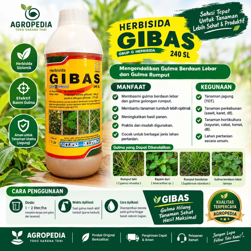 GIBAS 240SL 1 Liter Pembasmi Rumput Sistemik Larutan Air Isopropilamina Glifosat Kuning Emas