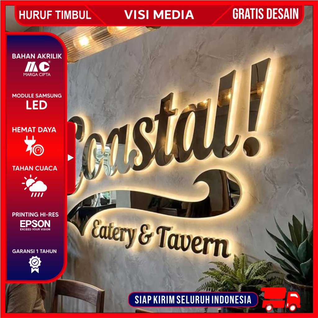 Custom Huruf Stainless Timbul Huruf Timbul Stainless Nyala Backlight LED Waterproof Pemasangan Mudah
