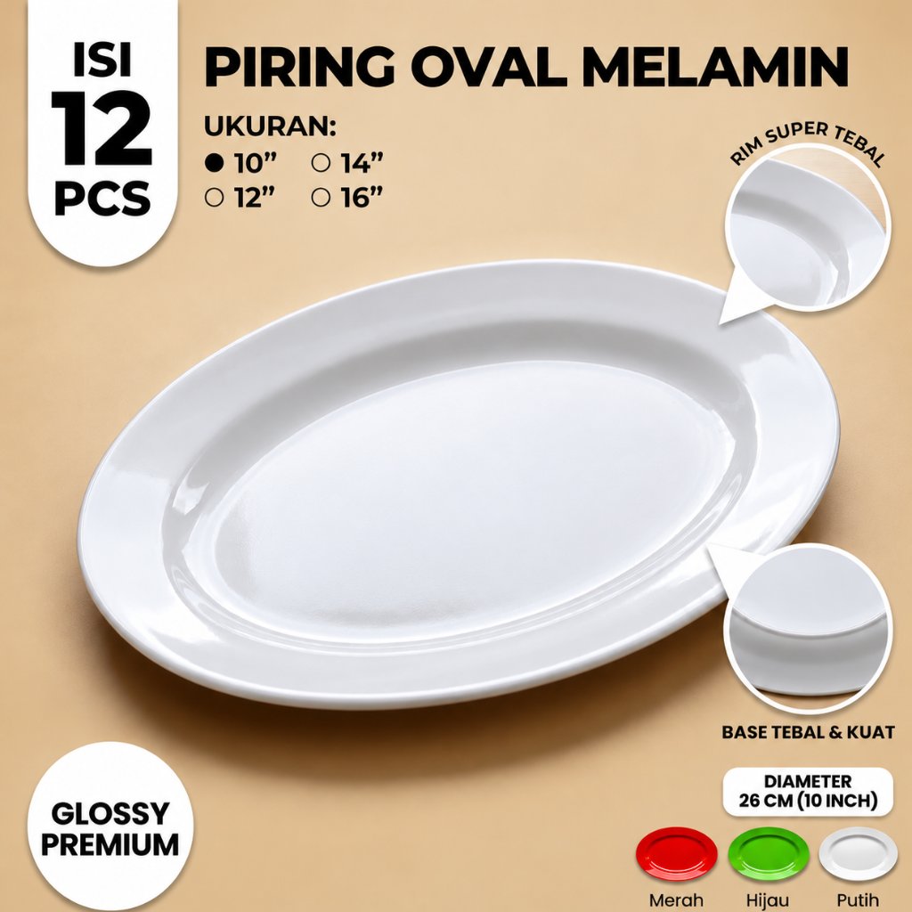 [12 pcs] Piring Saji Melamin Oval 10 Inch Ikan Pecel Lauk Semi Melamine Lonjong