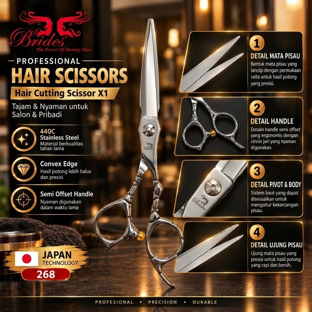 BRIDES Gunting Potong Rambut Cutting Basah Tajam Stainless Steel Handle Batik Unik Alat Salon Barber