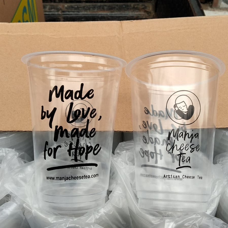 Sablon Cup Datar 15 oz Custom Logo Cup Plastik PP Cetak Sablon Cup Kedai Minuman Jakarta Min 1000 pc