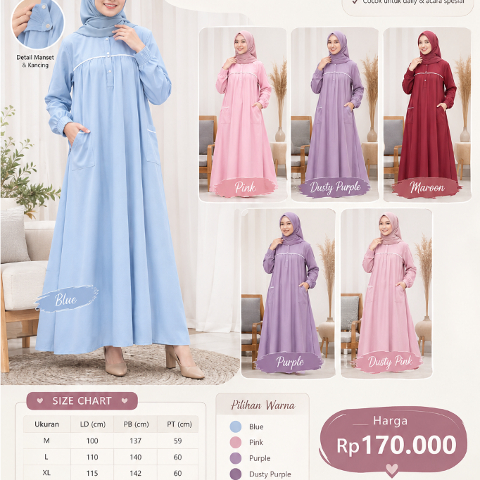 Gamis Hawa Jelita Gamis daspan Renda Polos Daily Bususi Friendly Bahan Katun Madinah