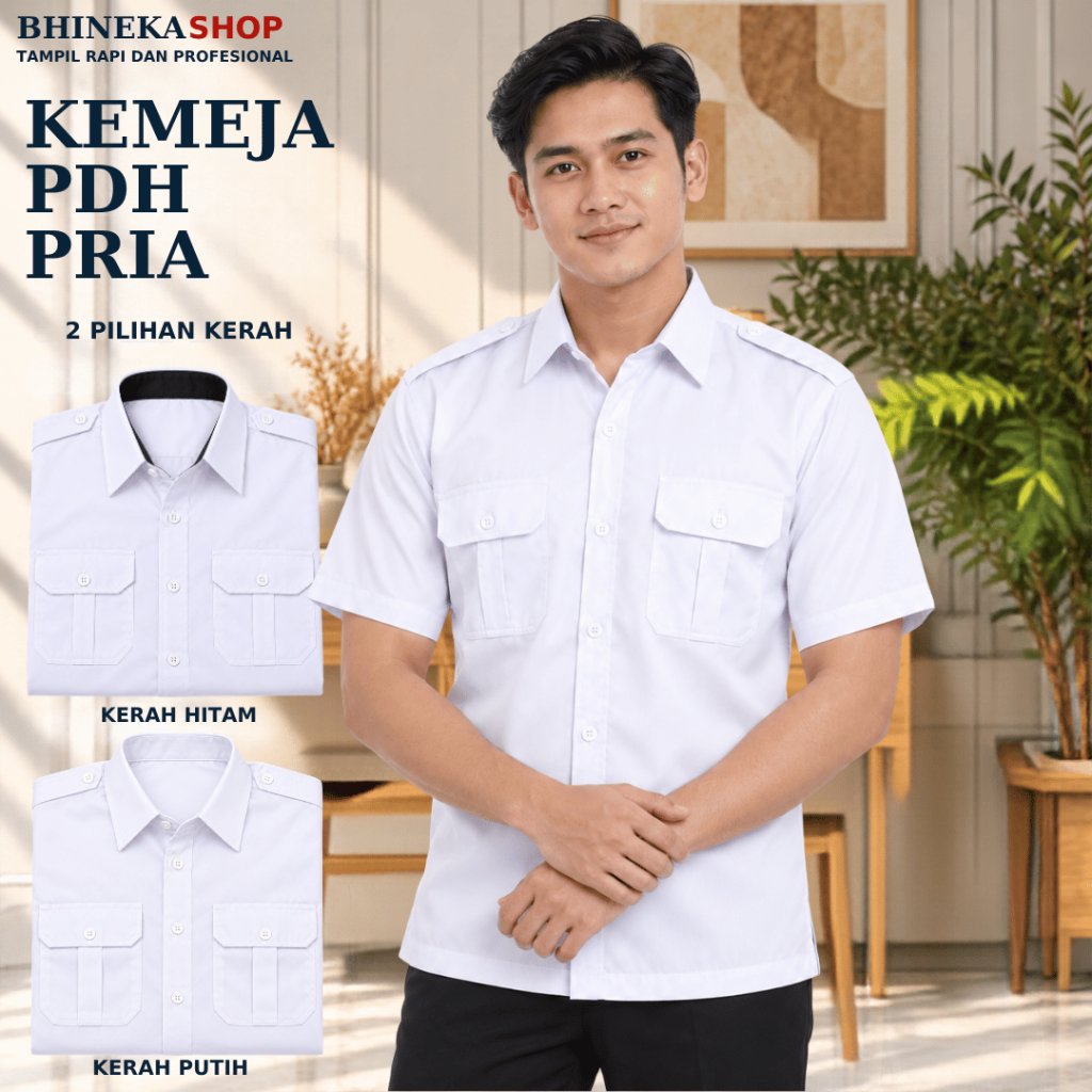 Kemeja PDH Pria American Drill Putih Hitam Lengan Panjang Pendek Seragam Kerja