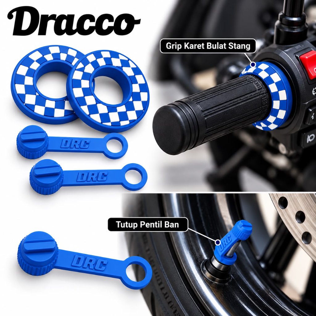 Grip Stang Motor Dracco Checker Biru Putih Karet Bulat 2 pcs + Tutup Pentil Ban 2 pcs Universal