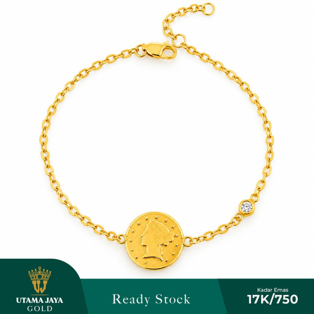 Gelang Emas Rantai Model Koin Elizabeth Permata 750/17K - Gelang Wanita Model Vintage