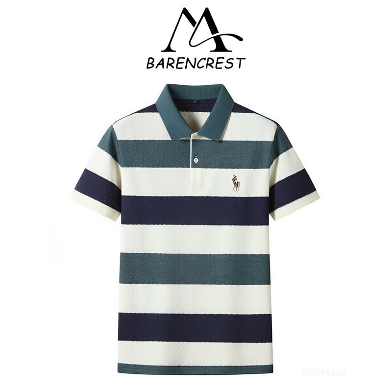 Kaos Polo Pria BARENCREST Lengan Pendek Motif Garis Warna Biru Putih Kasual