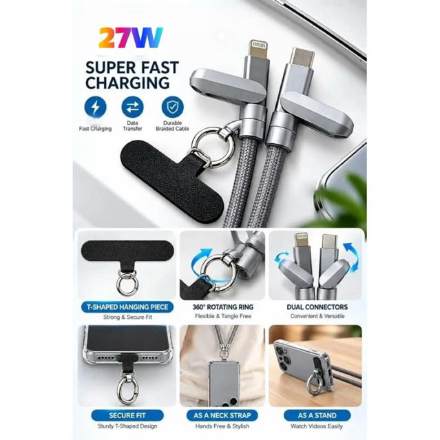 WB Cable 27W iPhone USB C to Lightning LANYARD STYLE Fast Charger 1200cm Original 100%