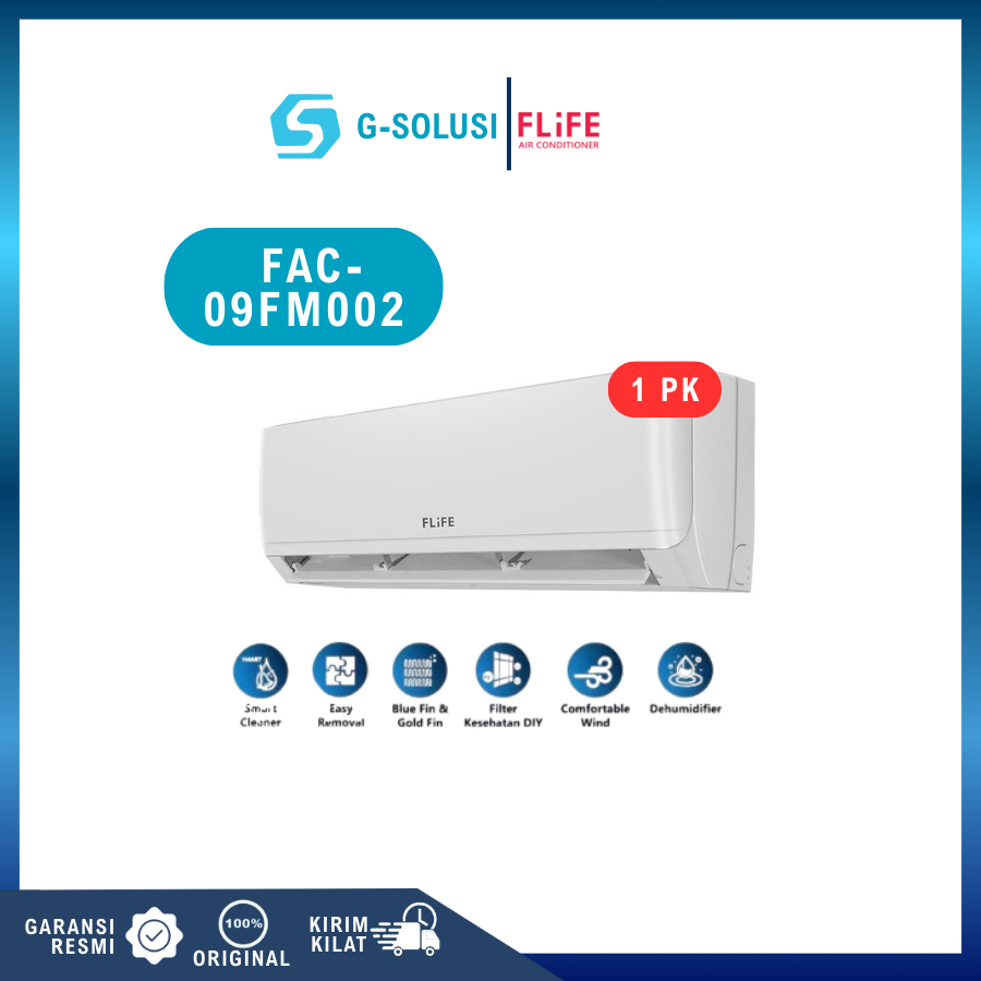 AC FLIFE FAC-09FMOO2 1 PK | G-SOLUSI AC | Standar R32 | Smart Cleaner | Gold Fin dan Blue Fin