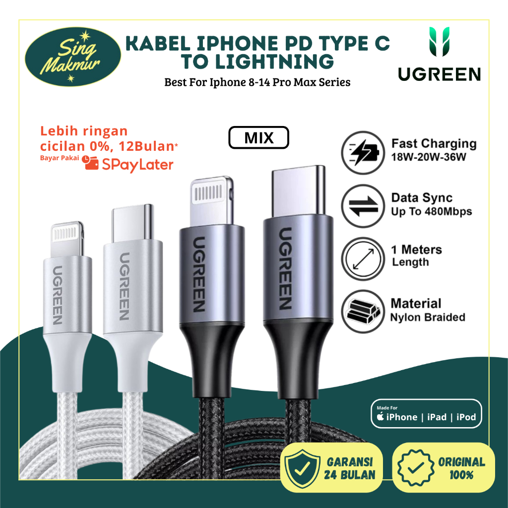 Ugreen Kabel Data Iphone MFI USB Type C to Lightning 1M