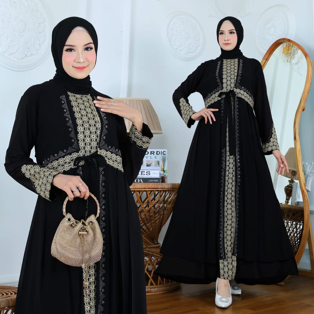 ha collection- abaya hitam bordir emas bahan jet black viral