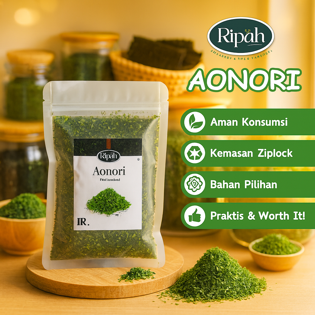 

Aonori Dried Seaweed | Taburan Takoyaki | Bubuk Nori 10 gr Ripah Rempah Premium