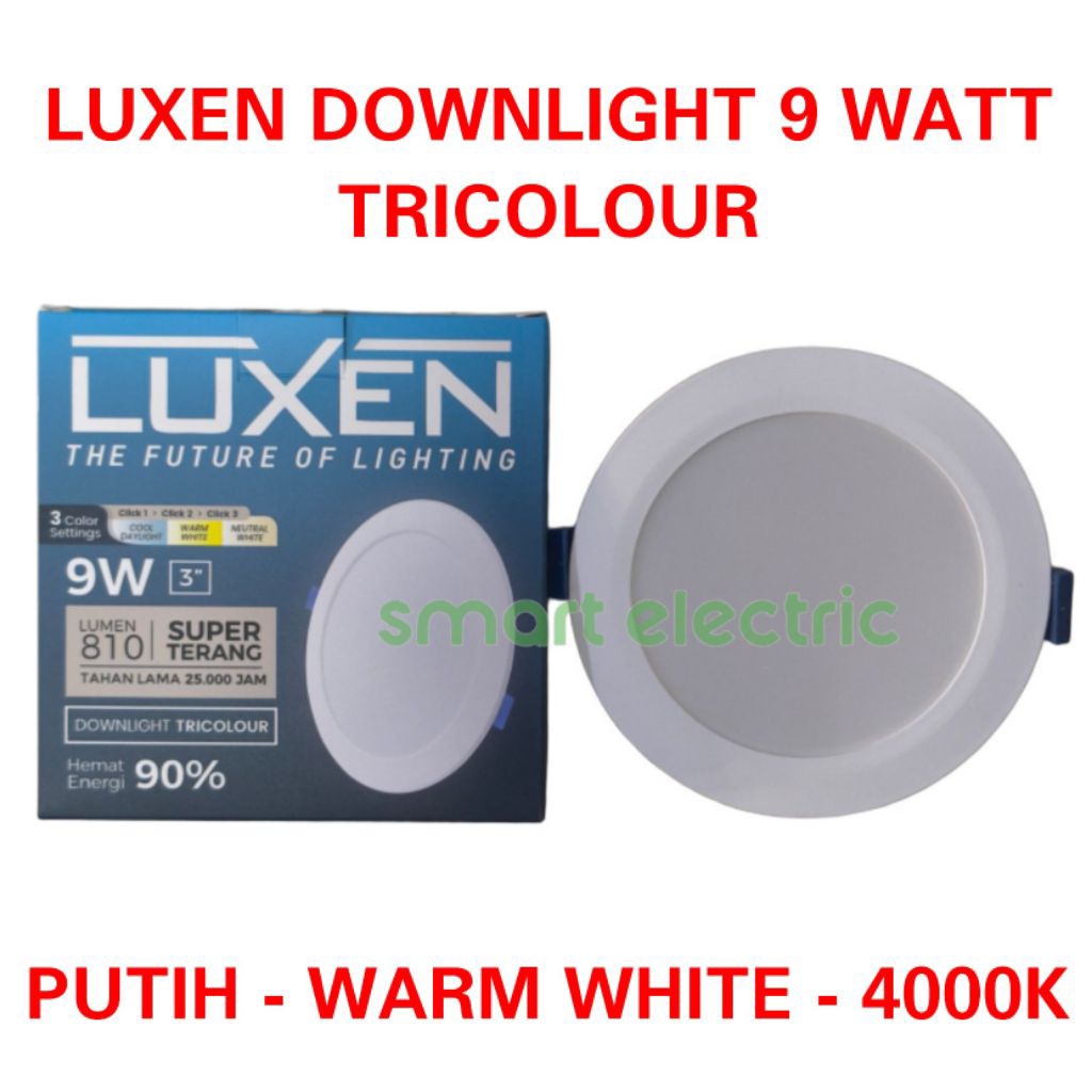 Luxen Downlight Tricolour 9 Watt Inbow Tanam Plafon 3 Warna Lampu LED Tempel