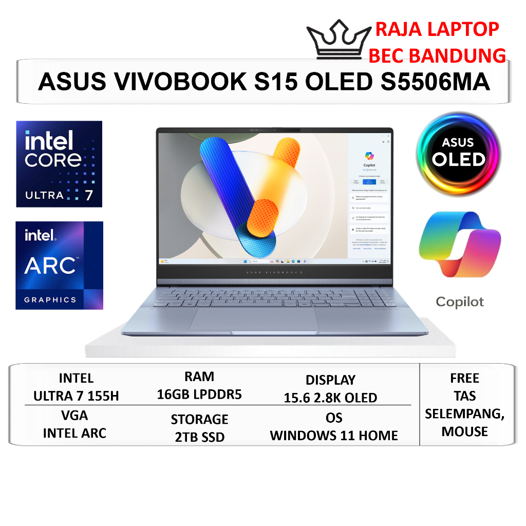 Laptop OLED Asus Vivobook S15 OLED S5506MA Intel Ultra 7 155H Ram 16GB SSD 2TB 15.6" 2.8K OLED