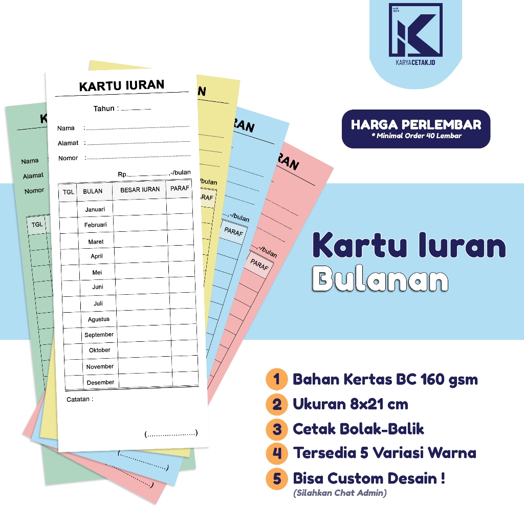 KaryaCetak.id - Kartu Iuran Bulanan Warga untuk RT RW Komplek Perumahan Masjid DKM Arisan Sekolah Bl
