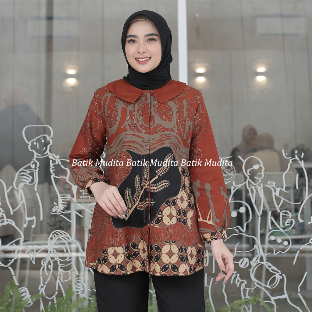 Batik Mudita Motif Amani Batik Kerja Wanita Lengan Panjang Modern Lapis Trikot Premium Warna Teracot
