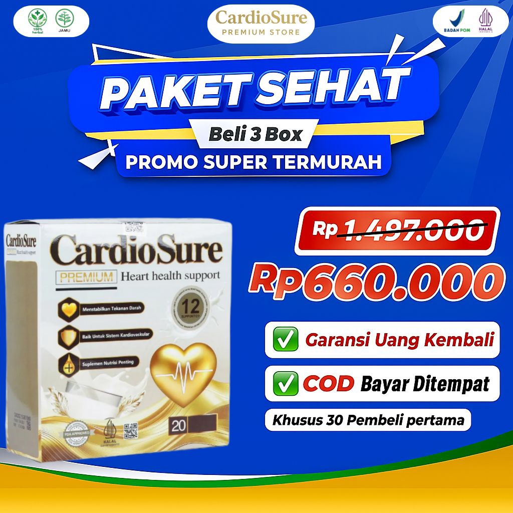 

Paket Hemat 3 Box Cardiosure Premium ® Susu Kesehatan Hipertensi Jantung Kolestrol Asam Urat