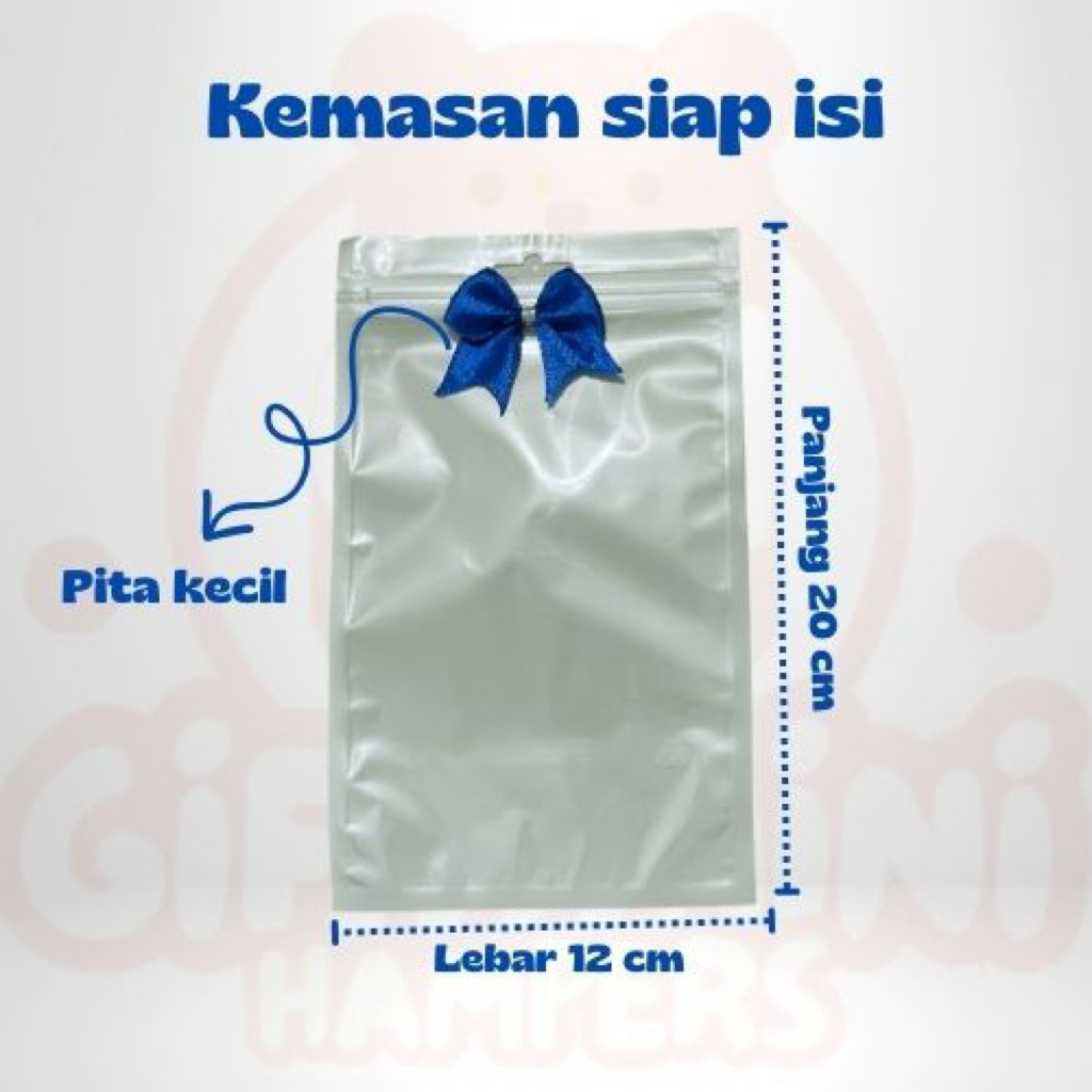 

Kemasan hampers mini snack plus pita siap isi || ziplock hampers siap isi || ziplock berpita || kemasan gift || Kemasan freebies || ziplock pita