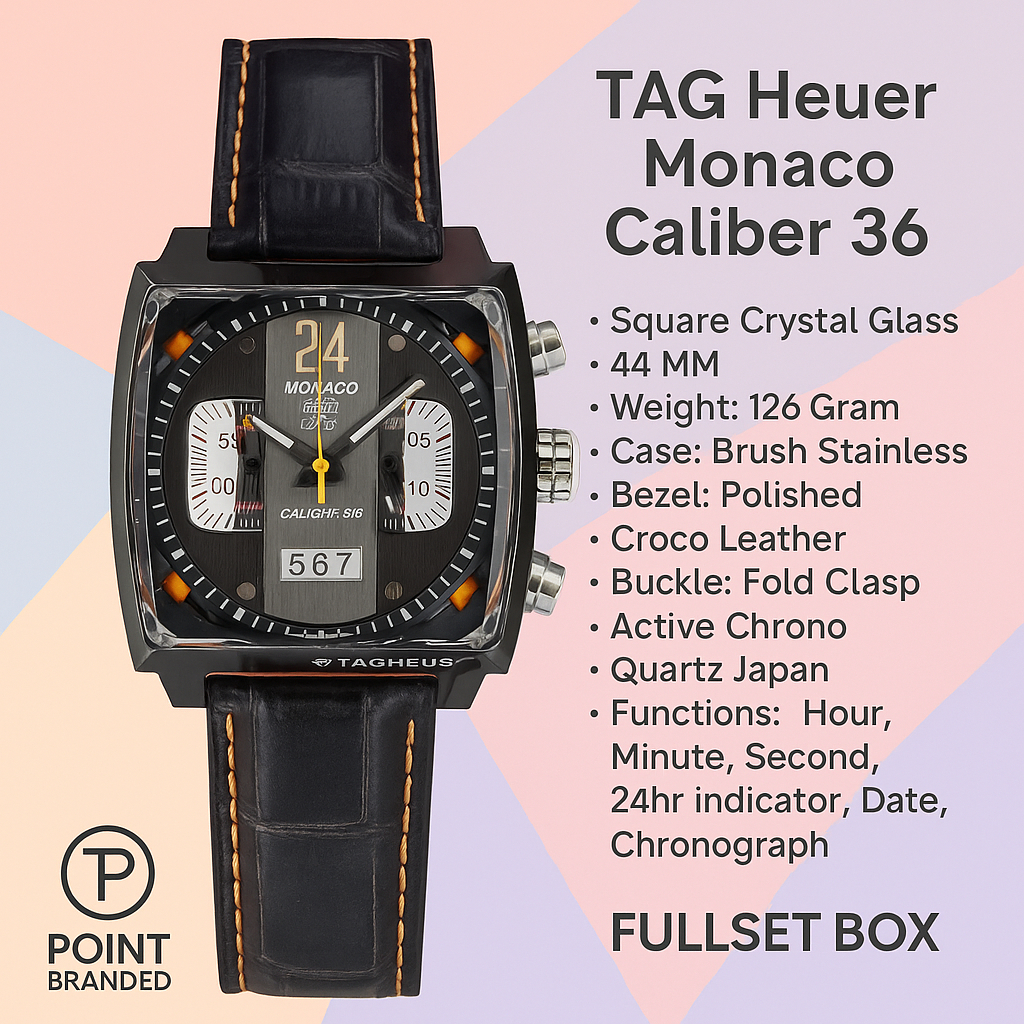 Jam Tangan Pria Sporty Elegan Monaco Caliber 36 ⏱️ Chronograph Leather Strap Premium