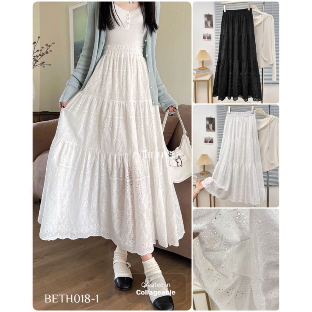 Elizabethgrosir1 Rok Mayung Bordir Import Premium Bahan Cotton Bordir Adem Pinggang karet Long Skirt