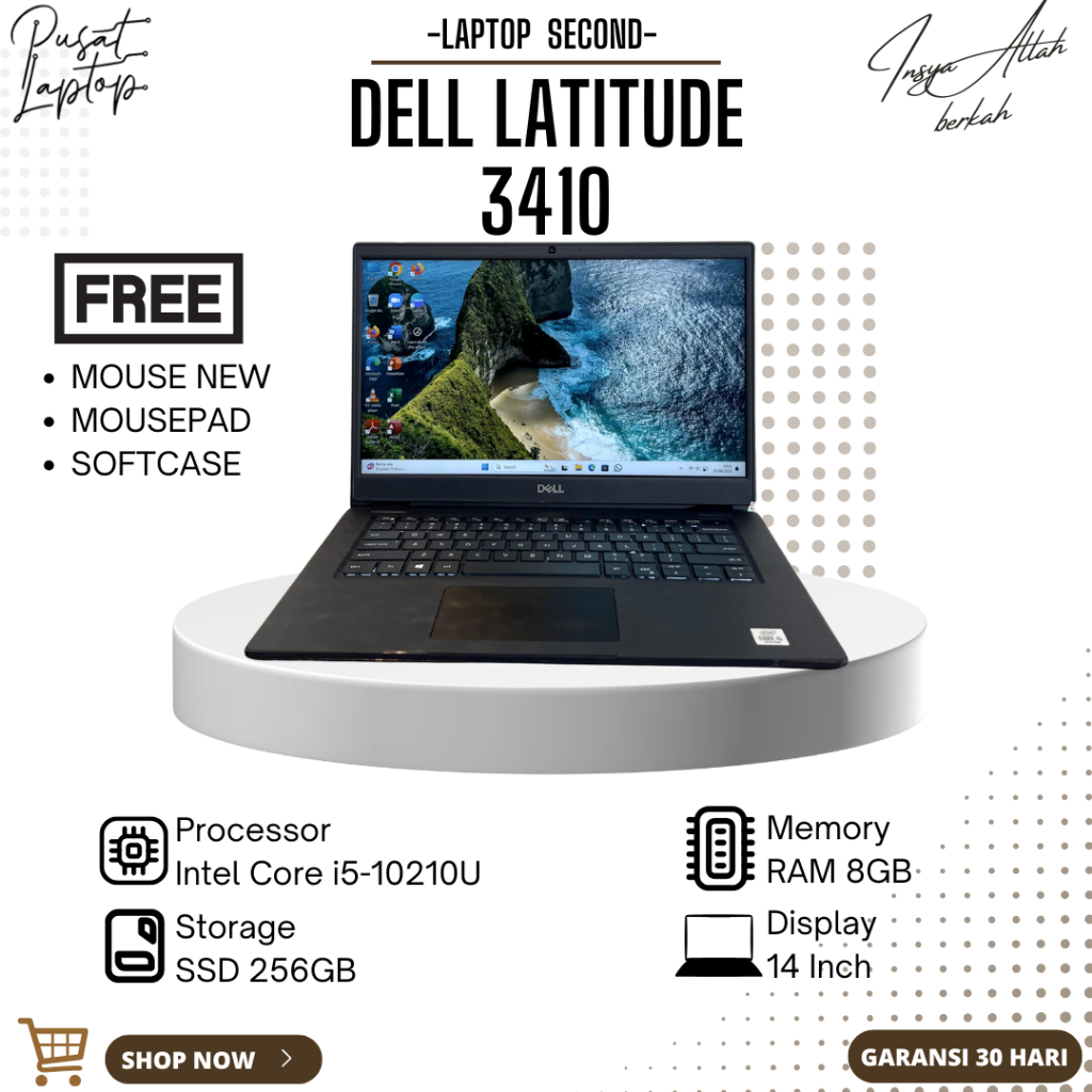 LAPTOP DELL LATITUDE 3410 SECOND | INTEL CORE I5 GEN 10 | RAM 8GB | SSD 256GB | NORMAL | BERGARANSI