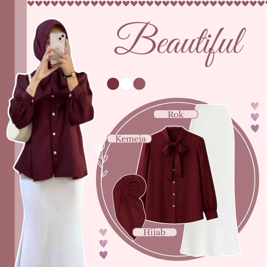 One Set Maroon Style 3in1 ( Kemeja Pita - Rok Duyung - Hijab ) Setelan Wanita Kekinian - MM106N