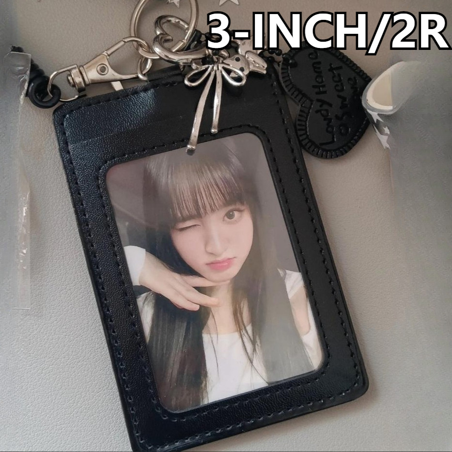 

【SALE】3inch/2R Black Leather Card Holder Idol BTS Photo Kpop Photocard Display With Spring Rope Student ID Bus Protective Case Bag Pendant