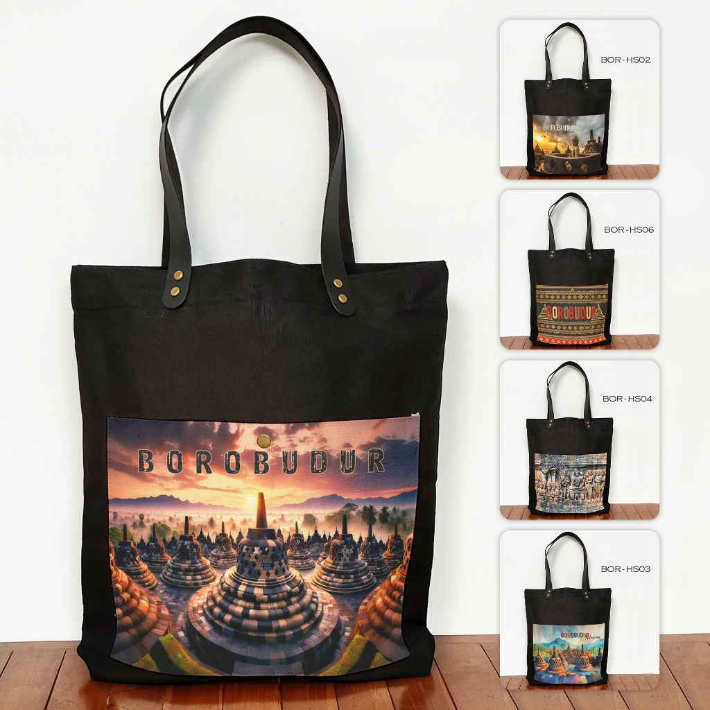 Totebag Canvas  Hitam Saku Souvenir Borobudur Totebag Oleh Oleh Borobudur