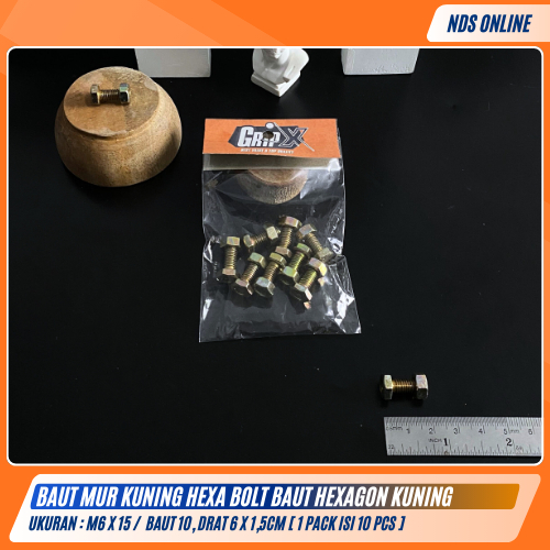 Baut Mur Kuning Hexa Bolt M6x15 Baut & Mur Hexagon Drat 6x1,5cm / Baut 10 [ 1 Pack Isi 10 Pcs ]