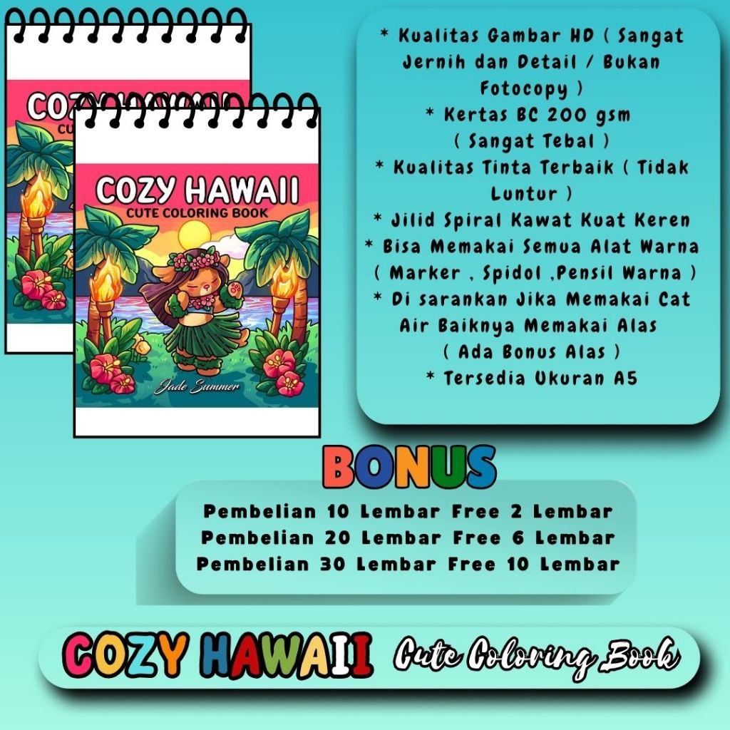 

COZY HAWAII Cute Coloring Book Buku Mewarnai Murah Tema Terbaru Jilid Spiral Kawat Kertas Tebal 200 gsm Gambar HD Jernih Jelas