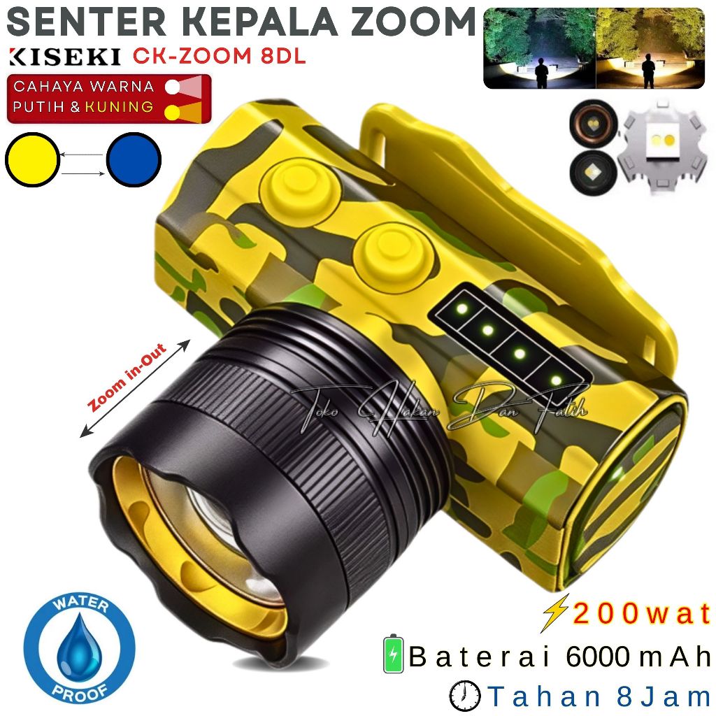 SENTER KEPALA ZOOM , KISEKI CK-ZOOM 8DL , 200WAT ,  Dua Warna Cahaya Senter Kepala Zoom Tahan Hingga
