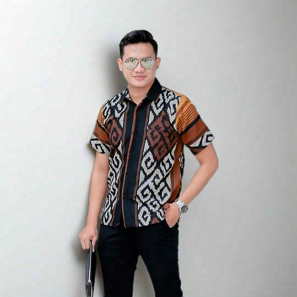 KEMEJA TENUN PRIA HITAM COKLAT MOTIF ETNIK PREMIUM LENGAN PENDEK BAJU TENUN NTT LOMBOK MODERN CASUAL