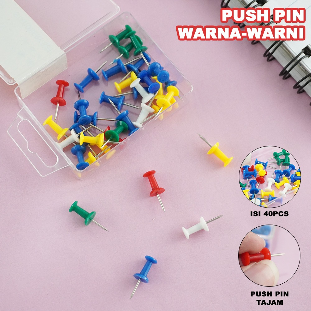

Push Pin Warna Warni Isi 40pcs | Paku Pin Tajam Papan Pengumuman Kantor Sekolah GJ-071001
