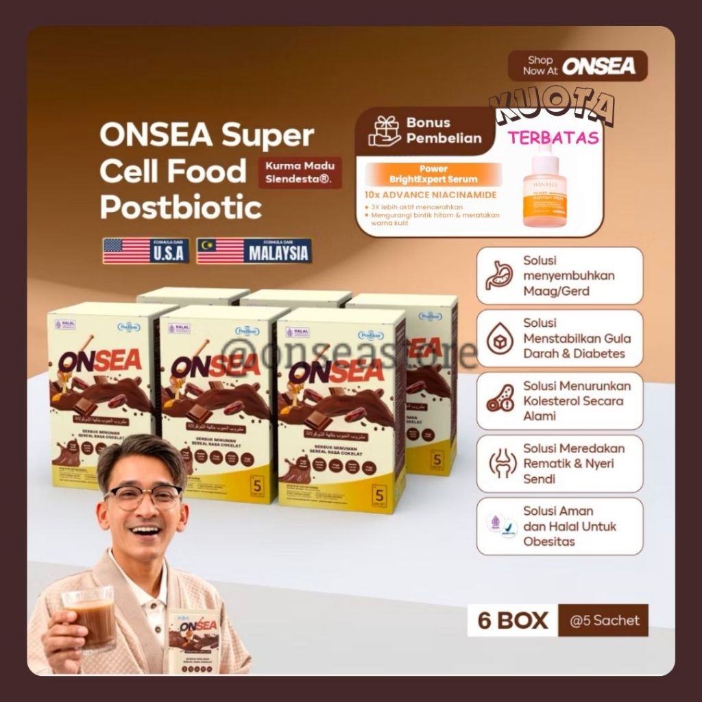 

ONSEA 6 BOX SUPER CELL FOOD - POSTBIOTIC SLENDESTA KURMA MADU | Formulasi dari USA & Malaysia – Pengganti Makan Sehat dengan Multigrain, Protein & Vitamin Lengkap