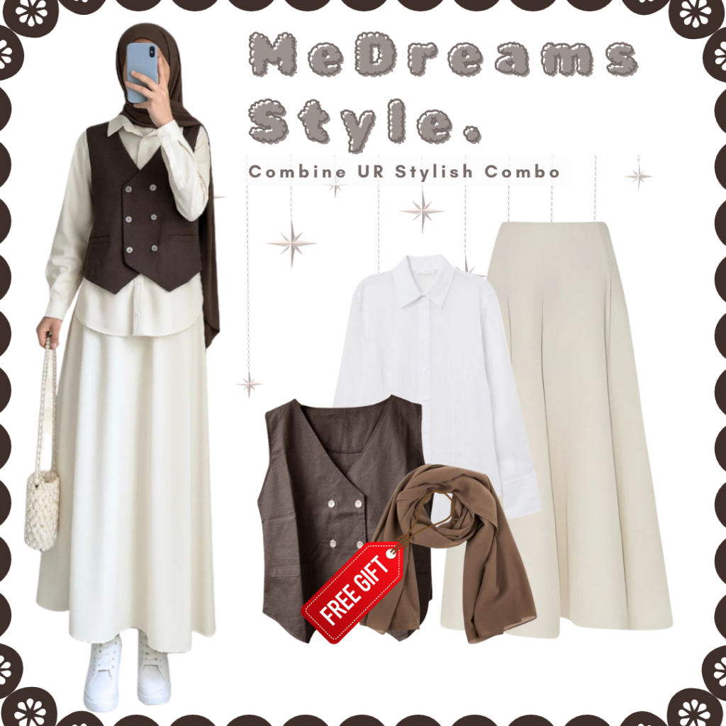 Set Outfit Modest (Vest Coklat, Kemeja Putih, Rok Joda Ivory, FREE Pashmina) Setelan Kekinian FE32