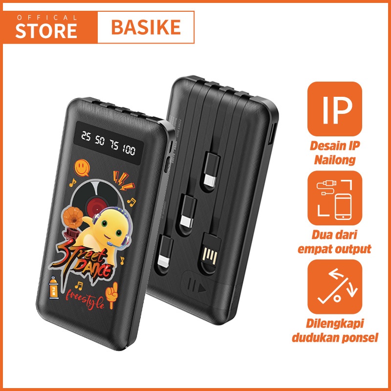 BASIKE Powerbank 10000 mAh Fast Charging Dual USB LCD build-in Cables Power Bank Mini Murah Ori Lucu