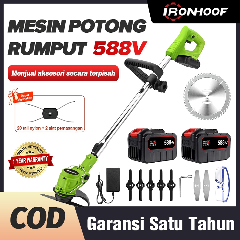 cocouidshop IRONHOOF Mesin Potong Rumput Pemotong Rumput Listrik Pemangkas Rumput dengan Baterai