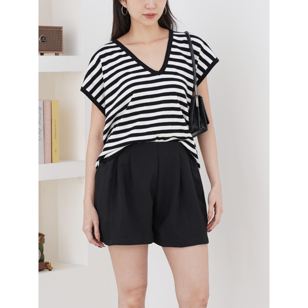 Wearstatuquo Daria Asymmetrical Neckline Top - Black Stripes