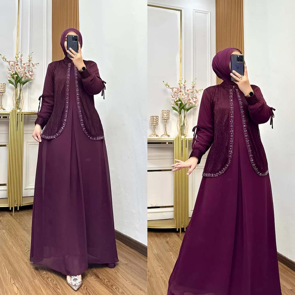 Baju Gamis Kondangan Burgundy Dress Wanita Brukat Muslim Kekinian Delova
