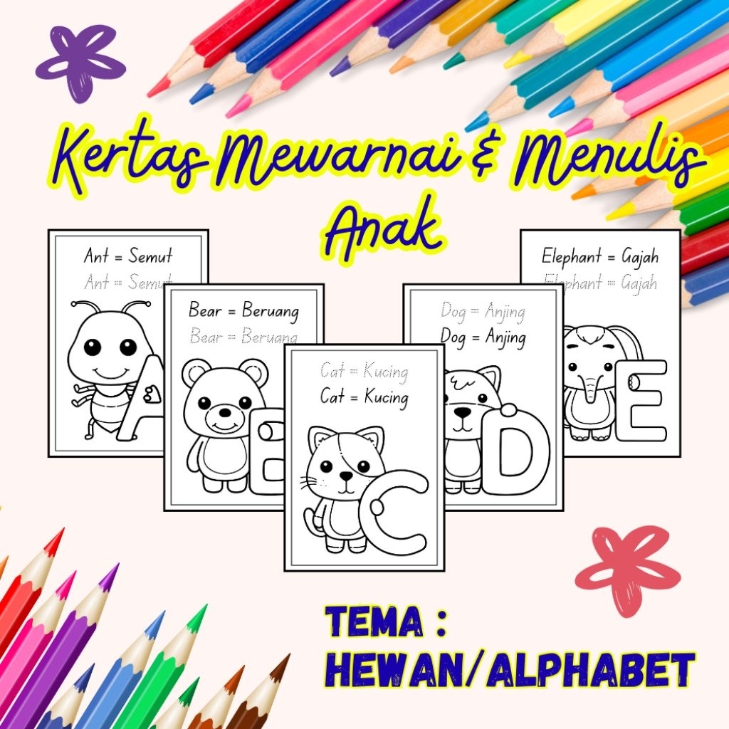 

26 LEMBAR KERTAS MENULIS MEWARNAI TEMA HEWAN HURUF ALPHABET (READY LANGSUNG KIRIM)